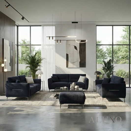 ALUXO® Albany Complete Sofa Set – 4+3+2 Seater with Footstool | Midnight Black