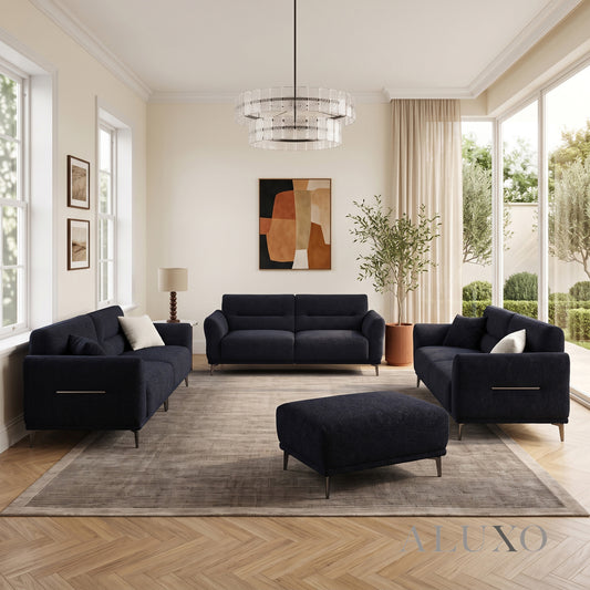 ALUXO® Albany Complete Sofa Set – 4+3+2 Seater with Footstool | Midnight Black