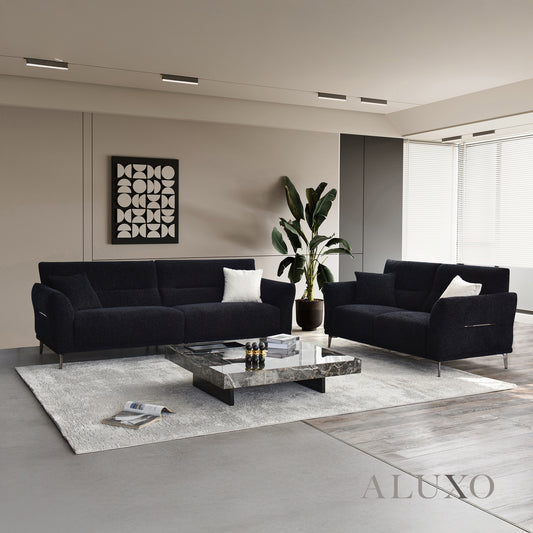 ALUXO® Albany Bouclé Sofa Collection in Black Lux Fabric - 2/3/4 Seater, Footstool