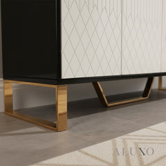 Alvar 120cm 4-Door Ribbed Sideboard Cabinet – Black Glass Top, Gold Frame, Fully Assembled