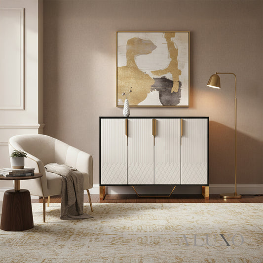 Alvar 120cm 4-Door Ribbed Sideboard Cabinet – Black Glass Top, Gold Frame, Fully Assembled