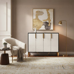 Alvar 120cm 4-Door Ribbed Sideboard Cabinet – Black Glass Top, Gold Frame, Fully Assembled