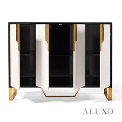 Alvar 120cm 4-Door Ribbed Sideboard Cabinet – Black Glass Top, Gold Frame, Fully Assembled