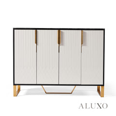 Alvar 120cm 4-Door Ribbed Sideboard Cabinet – Black Glass Top, Gold Frame, Fully Assembled