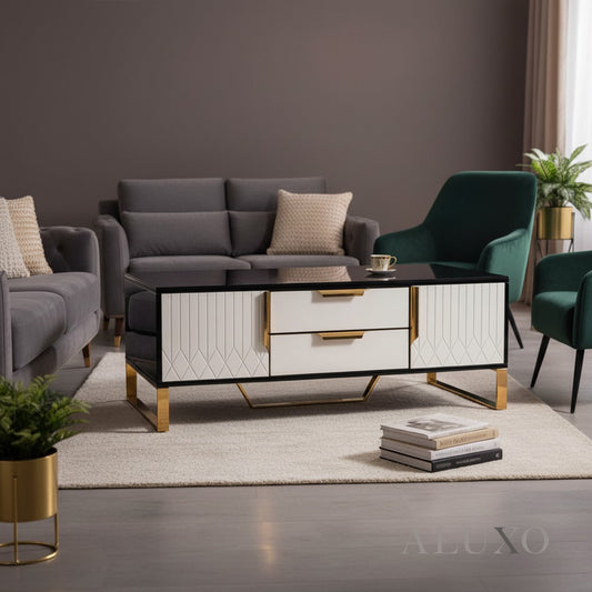 Alvar 130cm Gold Ribbed Coffee Table with Black Glass Top & Drawers – Fully Assembled