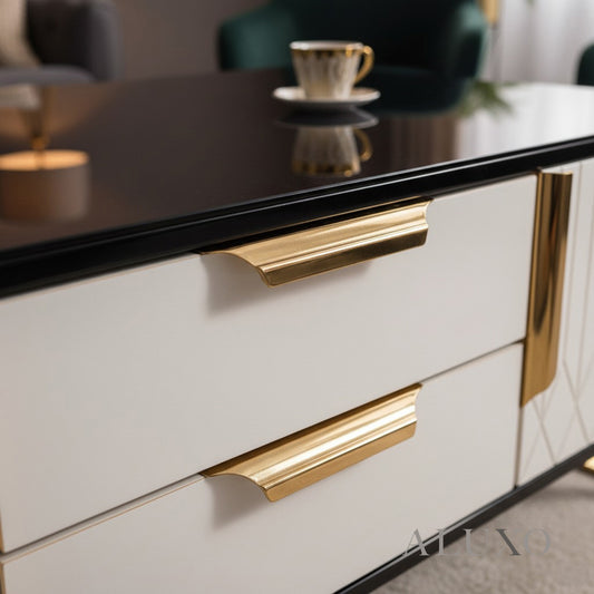 Alvar 130cm Gold Ribbed Coffee Table with Black Glass Top & Drawers – Fully Assembled