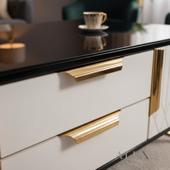 Alvar 130cm Gold Ribbed Coffee Table with Black Glass Top & Drawers – Fully Assembled