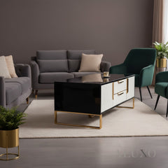 Alvar 130cm Gold Ribbed Coffee Table with Black Glass Top & Drawers – Fully Assembled