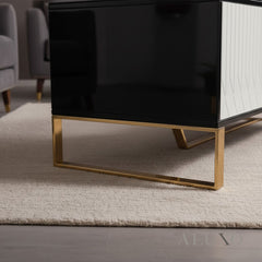 Alvar 130cm Gold Ribbed Coffee Table with Black Glass Top & Drawers – Fully Assembled