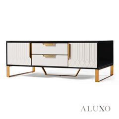 Alvar 130cm Gold Ribbed Coffee Table with Black Glass Top & Drawers – Fully Assembled