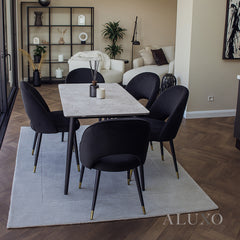 Anders 1.4m Grey Sintered Stone Dining Set – Table with 4/6 Bjorn Black Velvet Chairs