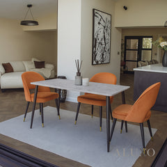 Anders 1.4m Grey Sintered Stone Dining Set – Table with 4/6 Bjorn Rust Velvet Chairs