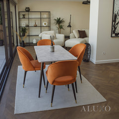 Anders 1.4m Grey Sintered Stone Dining Set – Table with 4/6 Bjorn Rust Velvet Chairs