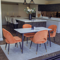 Anders 1.4m White Sintered Stone Dining Set – Table with 4/6 Bjorn Rust Velvet Chairs
