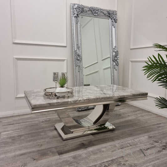 Urban 130cm Chrome Coffee Table with Light Grey Marble Top – U Stand Design