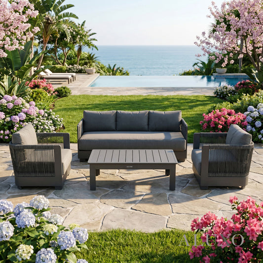 (PRE-ORDER) ALUXO® Ares 5-Seater Luxury Lounge Set – Onyx Aluminium & Pebble Grey Cushions