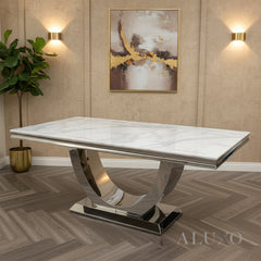 Urban 1.8m White Marble Dining Set – Chrome U Base Table with 4/6/8 Megan Dark Grey Velvet Chairs