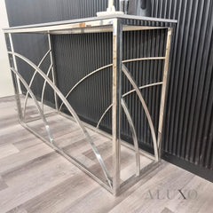 Arisa Chrome Console Table – 120x40cm Stomach Ash Grey Sintered Stone Top, Modern Luxury Design