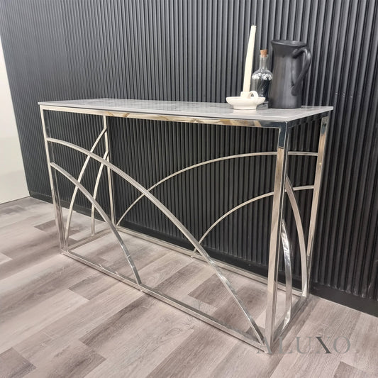 Arisa Chrome Console Table – 120x40cm Stomach Ash Grey Sintered Stone Top, Modern Luxury Design