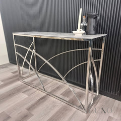 Arisa Chrome Console Table – 120x40cm Stomach Ash Grey Sintered Stone Top | Modern Luxury Design