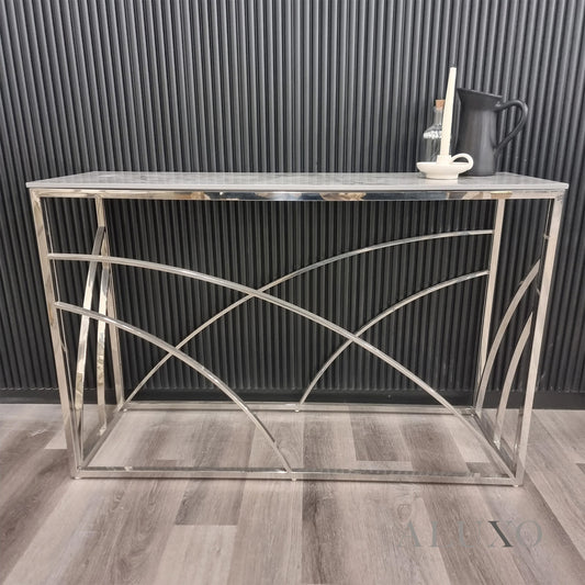Arisa Chrome Console Table – 120x40cm Stomach Ash Grey Sintered Stone Top, Modern Luxury Design