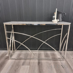 Arisa Chrome Console Table – 120x40cm Stomach Ash Grey Sintered Stone Top | Modern Luxury Design