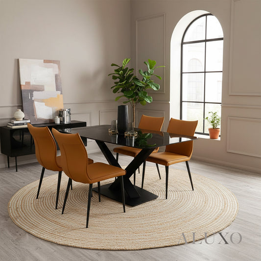Arvid 1.6m Black Sintered Stone Dining Table with V/X Base & 4/6 Tan Folke Leather Chairs