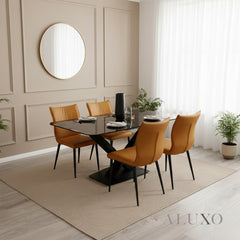 Arvid 1.6m Black Sintered Stone Dining Table with V/X Base & 4/6 Tan Folke Leather Chairs