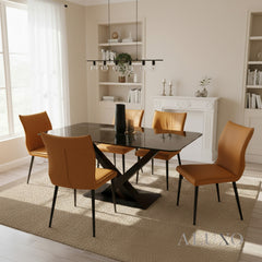 Arvid 1.6m Black Sintered Stone Dining Table with V/X Base & 4/6 Tan Folke Leather Chairs