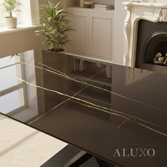 Arvid 160cm Slimline Oval-Rectangle Black Sintered Stone Dining Table Metal X Leg Stand