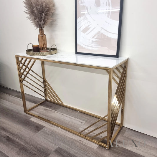 Asuka Gold Console Table – 120x40cm Polar White Sintered Stone Top, Slim Luxury Design