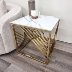Asuka Gold Lamp End Side Table – 55x55cm Polar White Sintered Stone Top, Modern Luxury