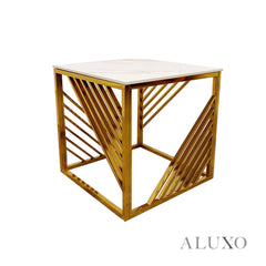 Asuka Gold Lamp End Side Table – 55x55cm Polar White Sintered Stone Top, Modern Luxury