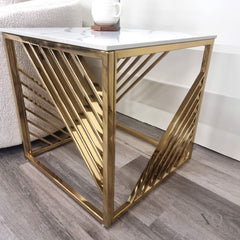 Asuka Gold Lamp End Side Table – 55x55cm Polar White Sintered Stone Top, Modern Luxury