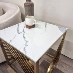 Asuka Gold Lamp End Side Table – 55x55cm Polar White Sintered Stone Top, Modern Luxury