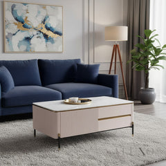 Bengt 130cm Ribbed Coffee Table with White Stone Top & Gold Legs – 2 Drawers, Fully Assembled
