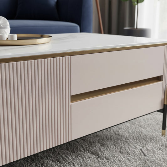 Bengt 130cm Ribbed Coffee Table with White Stone Top & Gold Legs – 2 Drawers, Fully Assembled