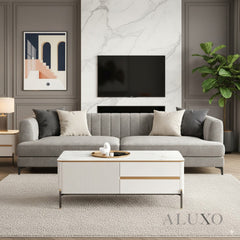 Bengt 130cm Ribbed Coffee Table with White Stone Top & Gold Legs – 2 Drawers, Fully Assembled