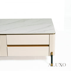 Bengt 130cm Ribbed Coffee Table with White Stone Top & Gold Legs – 2 Drawers, Fully Assembled