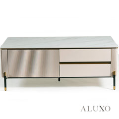 Bengt 130cm Ribbed Coffee Table with White Stone Top & Gold Legs – 2 Drawers, Fully Assembled
