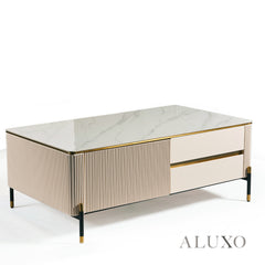 Bengt 130cm Ribbed Coffee Table with White Stone Top & Gold Legs – 2 Drawers, Fully Assembled
