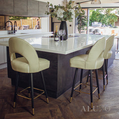 Bjorn Leather Bar Stool Swivel Chair | Cream PU Leather, 360° Swivel, Gold-Tipped Legs