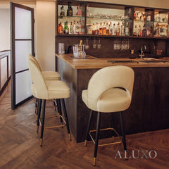 Bjorn Leather Bar Stool Swivel Chair | Cream PU Leather, 360° Swivel, Gold-Tipped Legs