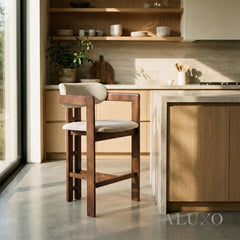 ALUXO® Clara Walnut Bar Stool with Oatmeal Bouclé Upholstery