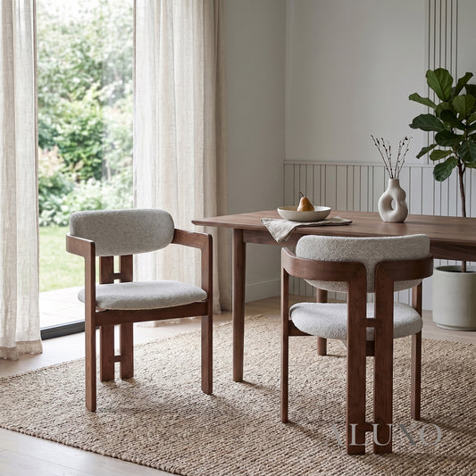 ALUXO® Clara Walnut Dining Armchair in Oatmeal Bouclé – Set of 2