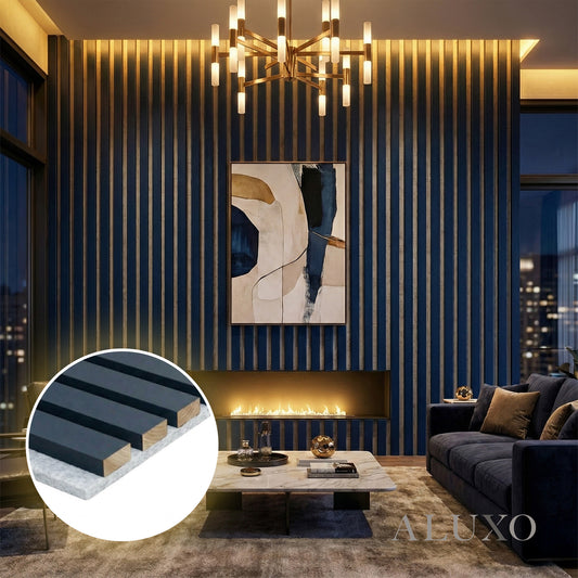 Panelux™ Pro Blue Coloured Acoustic Wood Wall Panel | Grey Felt Backing 240cm x 32cm (Set of 2)