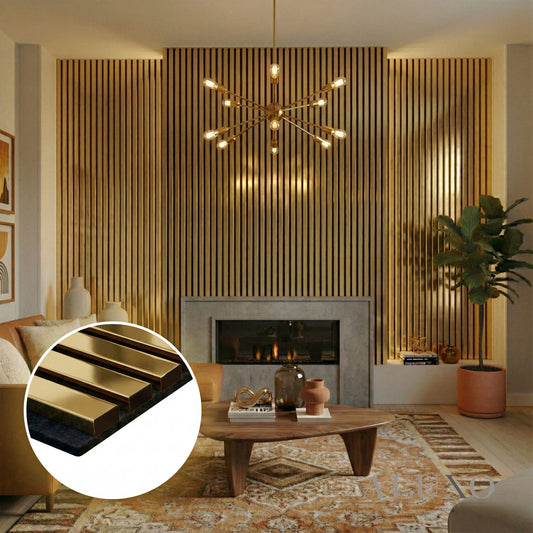 Panelux™ Pro Gold Colour Acoustic Wood Wall Panels | 3-Sided Wrap 240cm x 32cm (Set of 2)