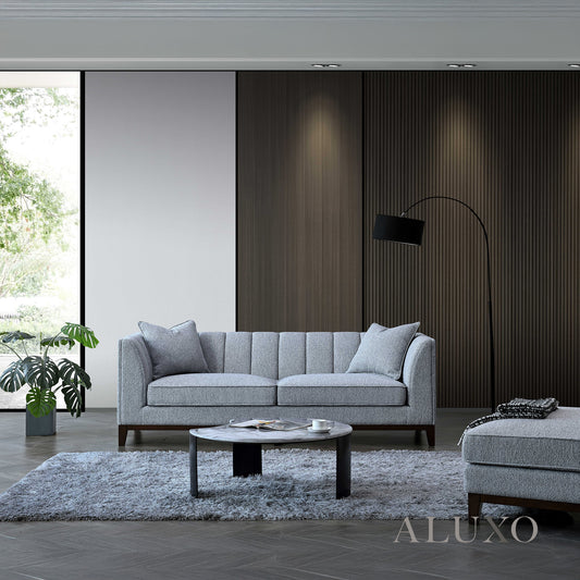 ALUXO® Cooper 3 Seater Sofa in Dolphin Grey Bouclé Fabric – Mid Century Modern Design