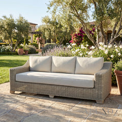 Cora Scandi-Coastal 3-Seater Outdoor Sofa – Beige Rattan & Acacia Wood