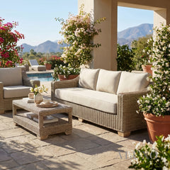 Cora Scandi-Coastal 3-Seater Outdoor Sofa – Beige Rattan & Acacia Wood